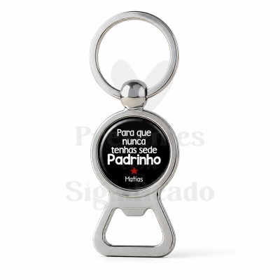 Abridor de garrafas metálico com mensagem personalizável para padrinho