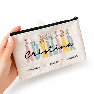 Bolsa de tecido bege com fecho preto e texto colorido decorativo