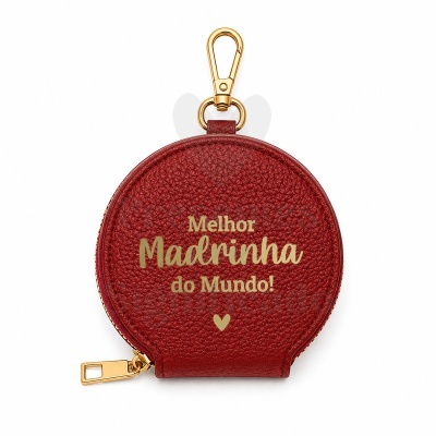 Porta-moedas redondo em couro vermelho com frase dourada e fecho dourado