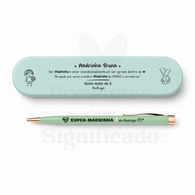 Estojo e caneta verde pastel personalizados para madrinha com texto em português e detalhes dourados