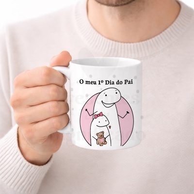 Caneca branca com desenhos de coelhos e texto O meu 1º Dia do Pai