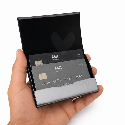 Conjunto de cartões MB Multibanco preto e cinza numa carteira preta segura numa mão