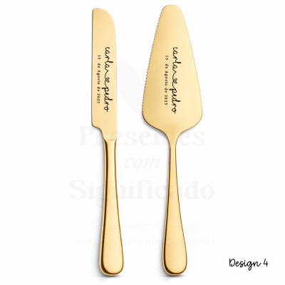Conjunto dourado faca e espátula para bolo com gravação personalizada