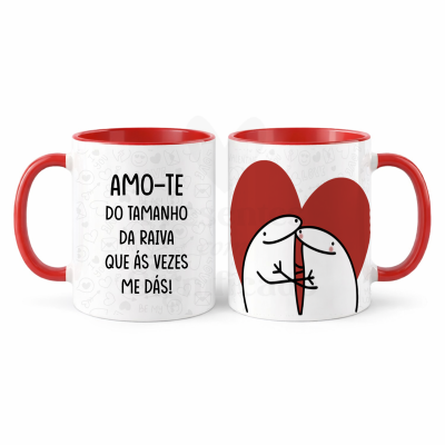Canecas brancas com interior e pega vermelhos e texto em português e desenho de dois bonecos abraçados com coração.