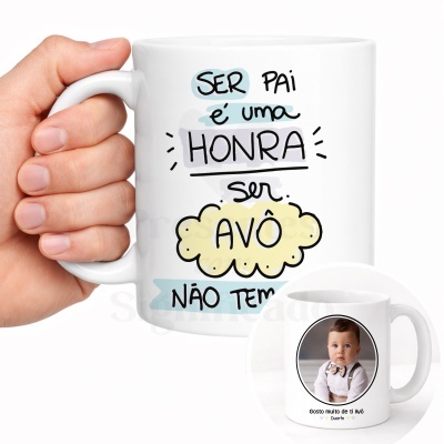 Caneca branca com frase colorida e foto de bebê