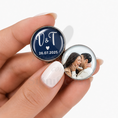 Botões de punho personalizados com nome, data e foto de casal