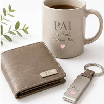 Conjunto de caneca, carteira e porta-chaves com tema PAI e coração rosa