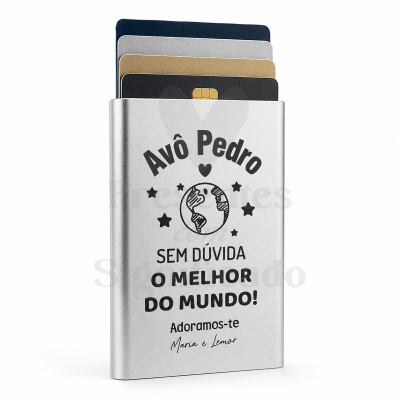 Porta-cartões de metal prateado com mensagem personalizada em português para avô.