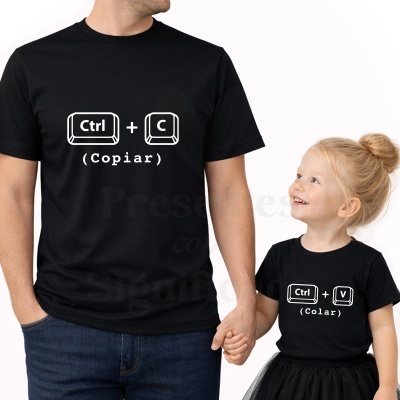 Adulto e criança com t-shirts pretas e texto branco Ctrl+C e Ctrl+V