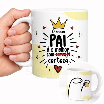 Caneca branca com texto e ilustração coloridos sobre o pai e cerveja