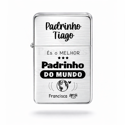Isqueiro metálico prateado personalizado com textos e ilustrações em preto