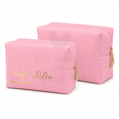 Duas bolsas de maquilhagem rosa com fecho dourado e texto Prof.a Júlia Obrigada ♥