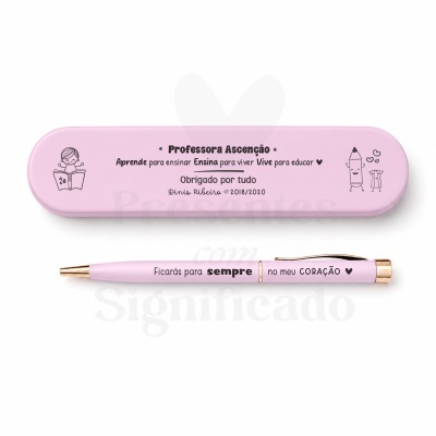 Estojo cor-de-rosa com texto para professora e caneta rosa gravada