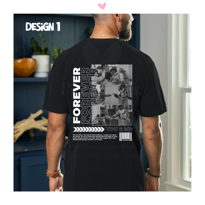 Camiseta preta com estampa fotográfica e texto nas costas usada por homem de costas