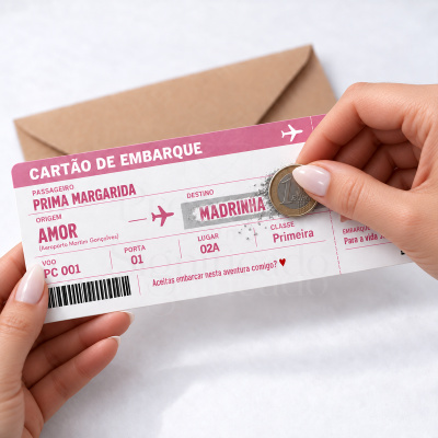 Bilhete de embarque rosa e branco sendo riscado com moeda de 1 euro junto a um envelope castanho