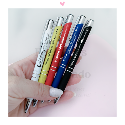 Conjunto de quatro canetas coloridas com texto em português