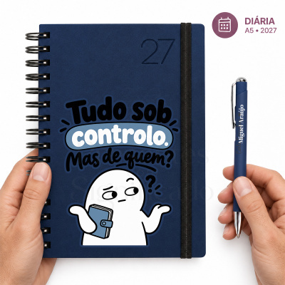 Agenda azul A5 2027 com caneta personalizada azul
