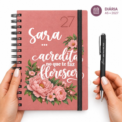 Agenda diária 2027 rosa com flores e caneta preta personalizada