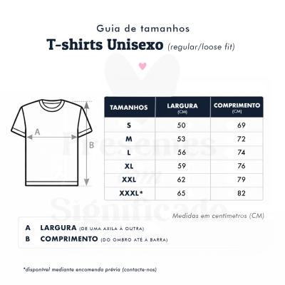 Guia de tamanhos para T-shirts unissexo com tabela de medidas em centímetros