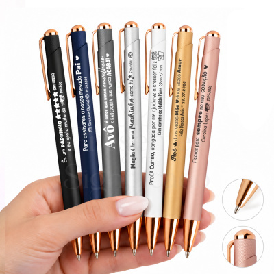 Conjunto de canetas metálicas coloridas com texto em português para presentes personalizados