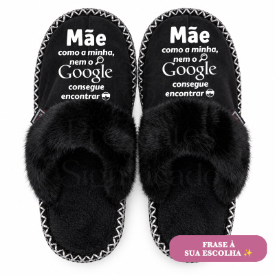 Chinelos pretos com texto em branco para mãe