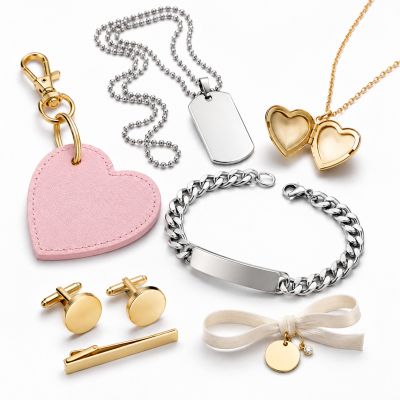 Conjunto de acessórios em metal dourado e prateado com chaveiro de coração rosa e colares.