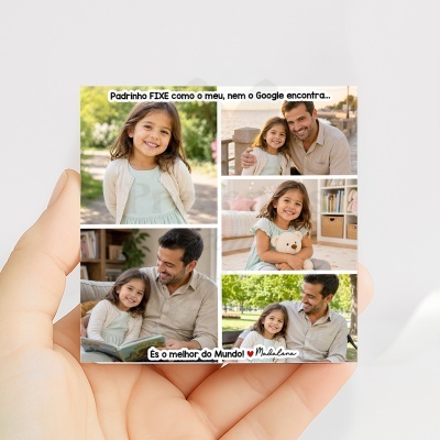 Colagem de fotografias com texto sobre padrinho e menina em vários ambientes