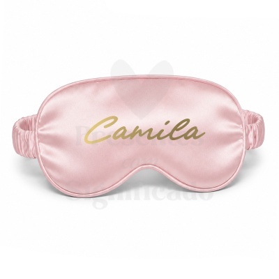 Máscara de dormir rosa com elástico e o nome Camila em dourado