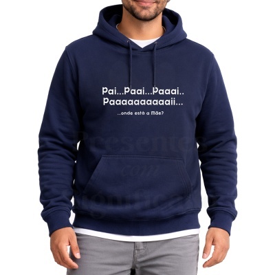 Sweatshirt azul escuro com capuz e texto branco sobre pai e mãe