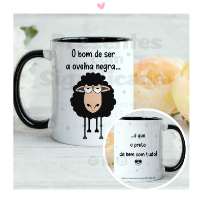 Caneca branca com ovelha preta e texto em português