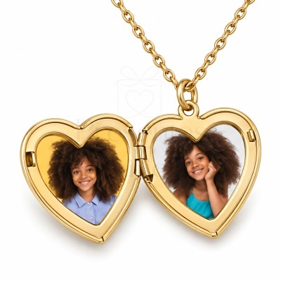 Colar medalhão coração dourado com duas fotos de menina sorridente.