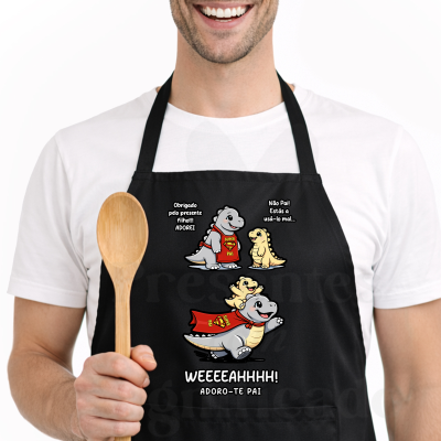 Avental preto com dinossauros cartoon e mensagens em português para o pai