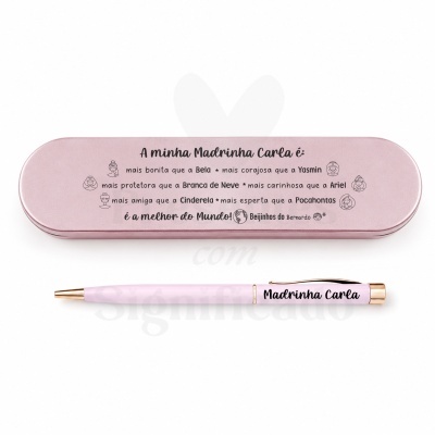 Estojo rosa metálico com caneta personalizada com nome