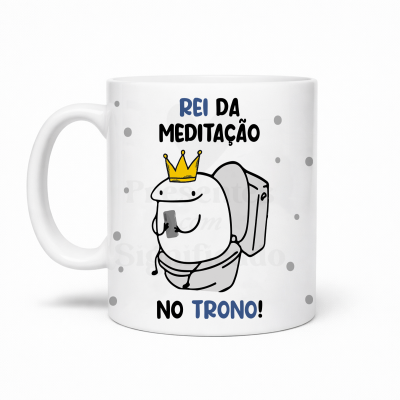 Caneca branca com desenho divertido e texto em português