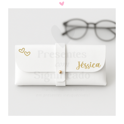 Estojo branco para óculos com fecho, nome Jéssica e dois corações dourados