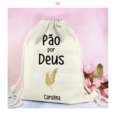 Mochila saco branca personalizada com texto e desenho de trigo