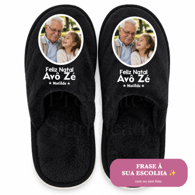 Chinelos pretos com foto de avô e neta e texto de Natal personalizado