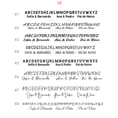 Oito estilos tipográficos com alfabetos e nomes para personalização