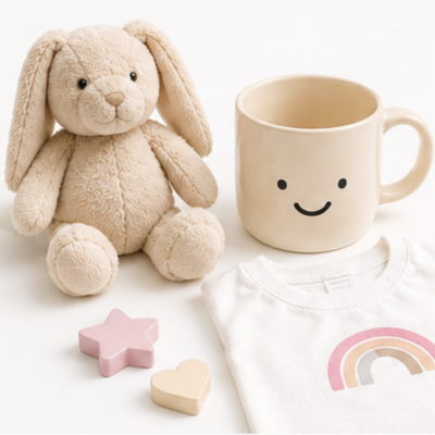 Brinquedos e roupa infantil com coelho de peluche, caneca sorridente, t-shirt com arco-íris, estrela e coração em tons suaves