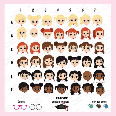 Conjunto de rostos femininos desenhados com diferentes características e opções de óculos e cores de olhos.