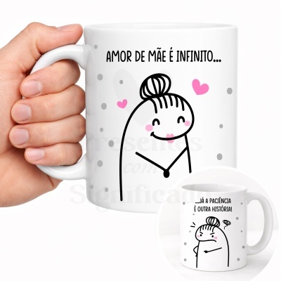 Caneca branca com desenho de mãe e texto em português