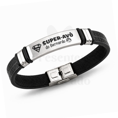 Pulseira masculina silicone preto com placa metálica e gravação SUPER-AVÔ do Bernardo