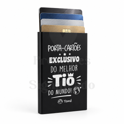 Porta-cartões preto metálico com texto personalizado em branco