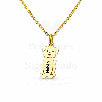 Colar dourado com pendente em forma de cão, nome Melvin