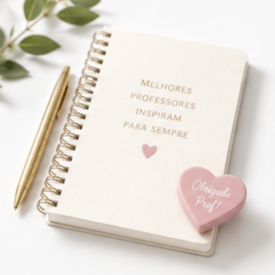 Caderno branco espiralado com frase para professores, caneta dourada e coração rosa com agradecimento.