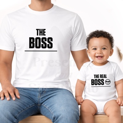 roupa branca com frases THE BOSS e THE REAL BOSS