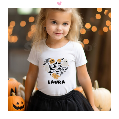 Camisola branca de criança com estampado Halloween e nome LAURA