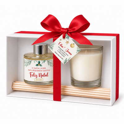 Conjunto de presente de Natal com vela, difusor, raminhos de madeira, embalagem branca e laço vermelho
