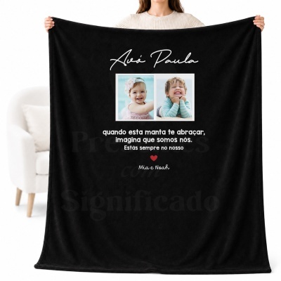 Manta preta personalizada com fotos e texto em branco e vermelho