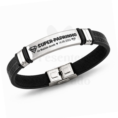 Pulseira preta com placa metálica gravada com texto para super padrinho